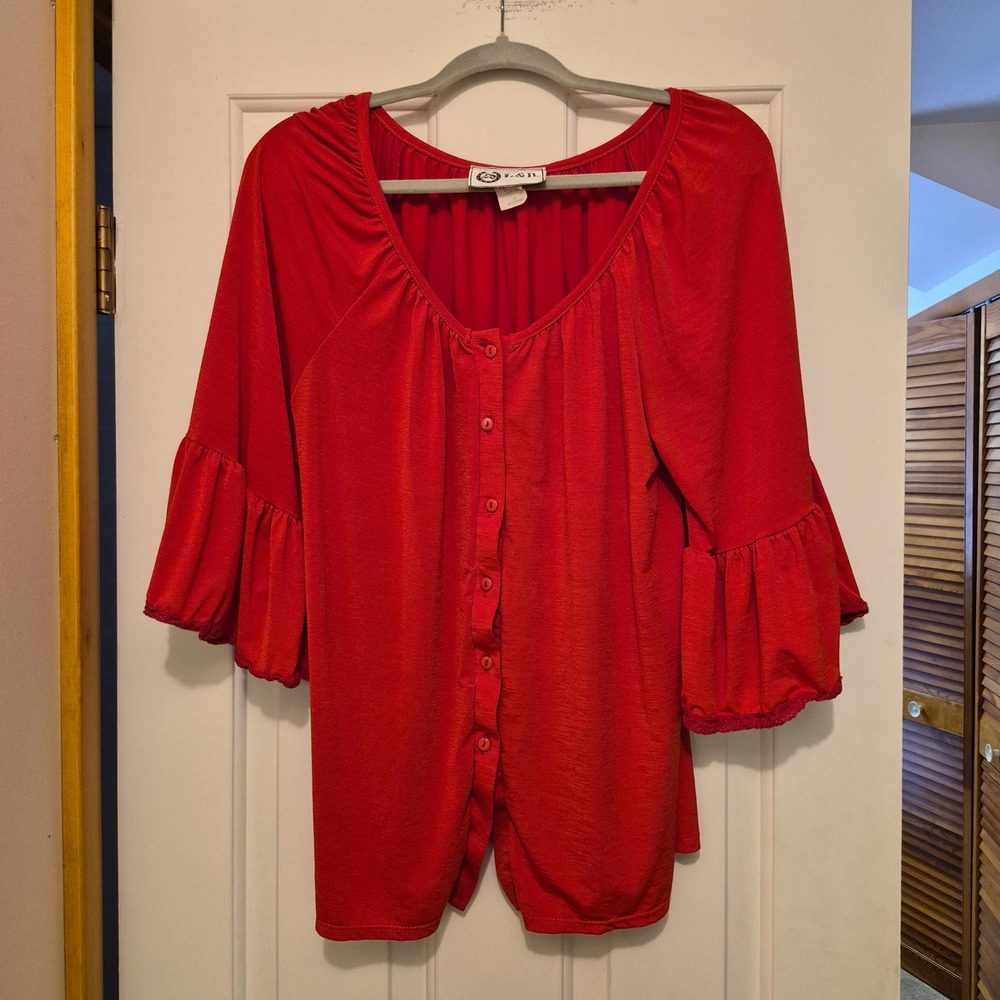 L&B Womens Red Bell Sleeve Button Front Blouse Top M Western Boho Peasant Top